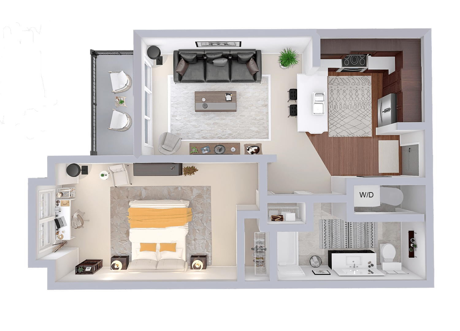 Floor plan for 1 bed, 1 bath, 771 sqft